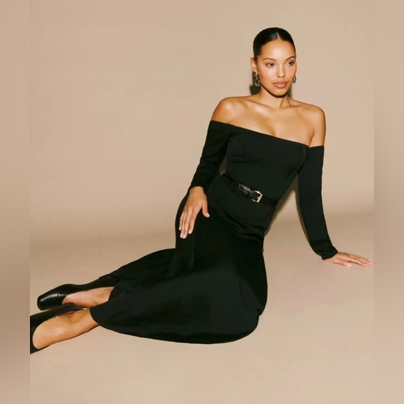 Reformation Ballari Dress in Black Midi Off Shoulder Long Sleeves Size 0 - Picture 1 of 17